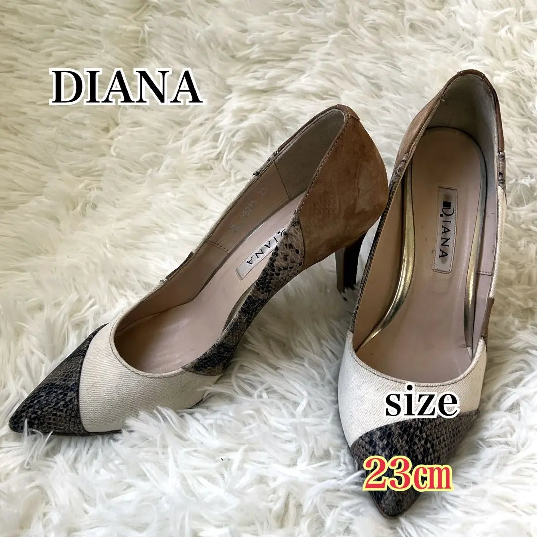 ☆Buen estado☆ Zapatos de tacón Diana, lona, ​​estampado de serpiente de río, piel de pitón, tacones altos