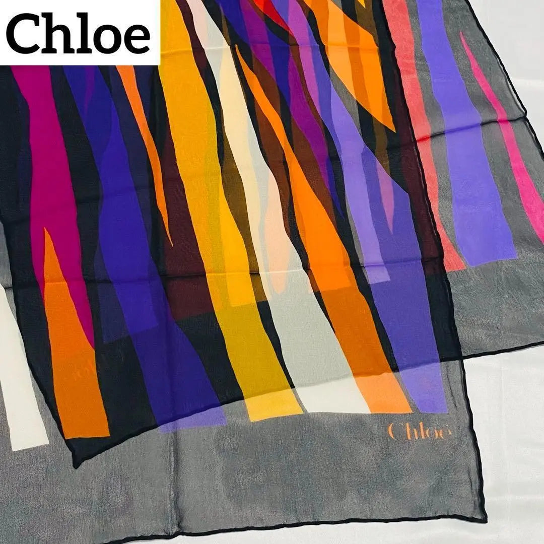 ☆Chloe☆ Stole Chiffon Stripe Silk Black Multicolor