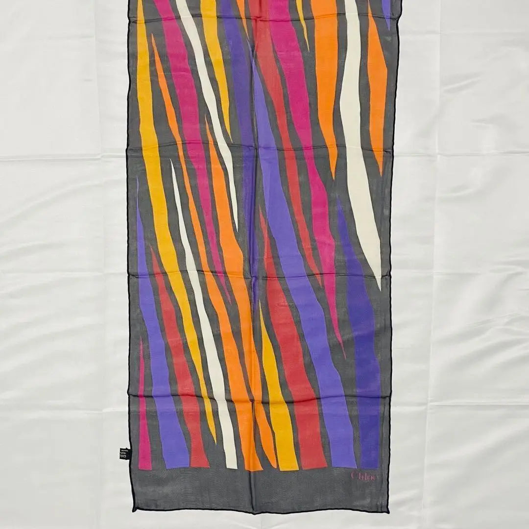 ☆Chloe☆ Stole Chiffon Stripe Silk Black Multicolor