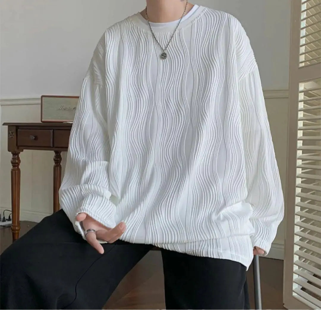 XL Long Sleeve Plain Men's T-Shirt Loose Big T Pleated Long T-Shirt