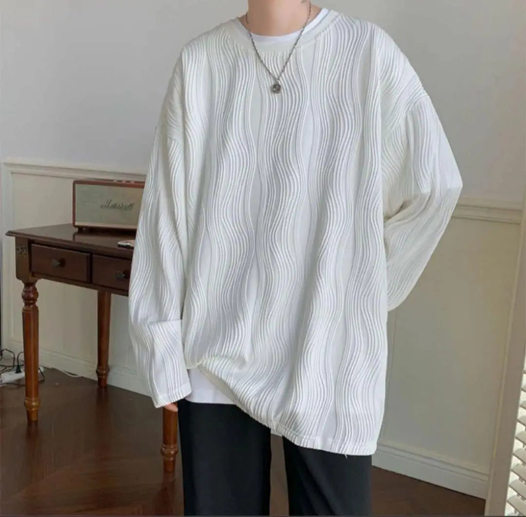 XL Long Sleeve Plain Men's T-Shirt Loose Big T Pleated Long T-Shirt