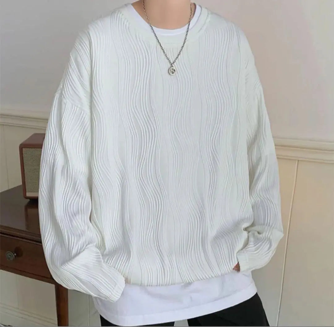 XL Long Sleeve Plain Men's T-Shirt Loose Big T Pleated Long T-Shirt