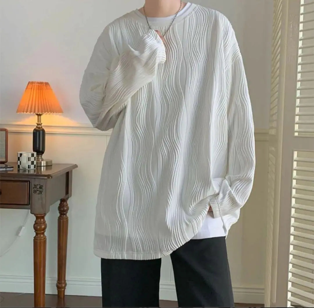 XL Long Sleeve Plain Men's T-Shirt Loose Big T Pleated Long T-Shirt