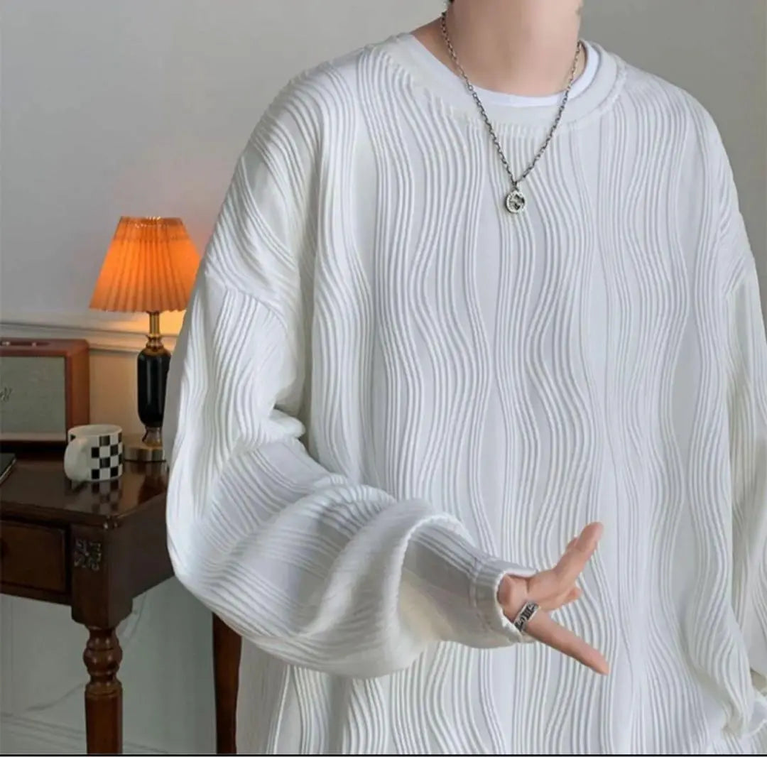 XL Long Sleeve Plain Men's T-Shirt Loose Big T Pleated Long T-Shirt