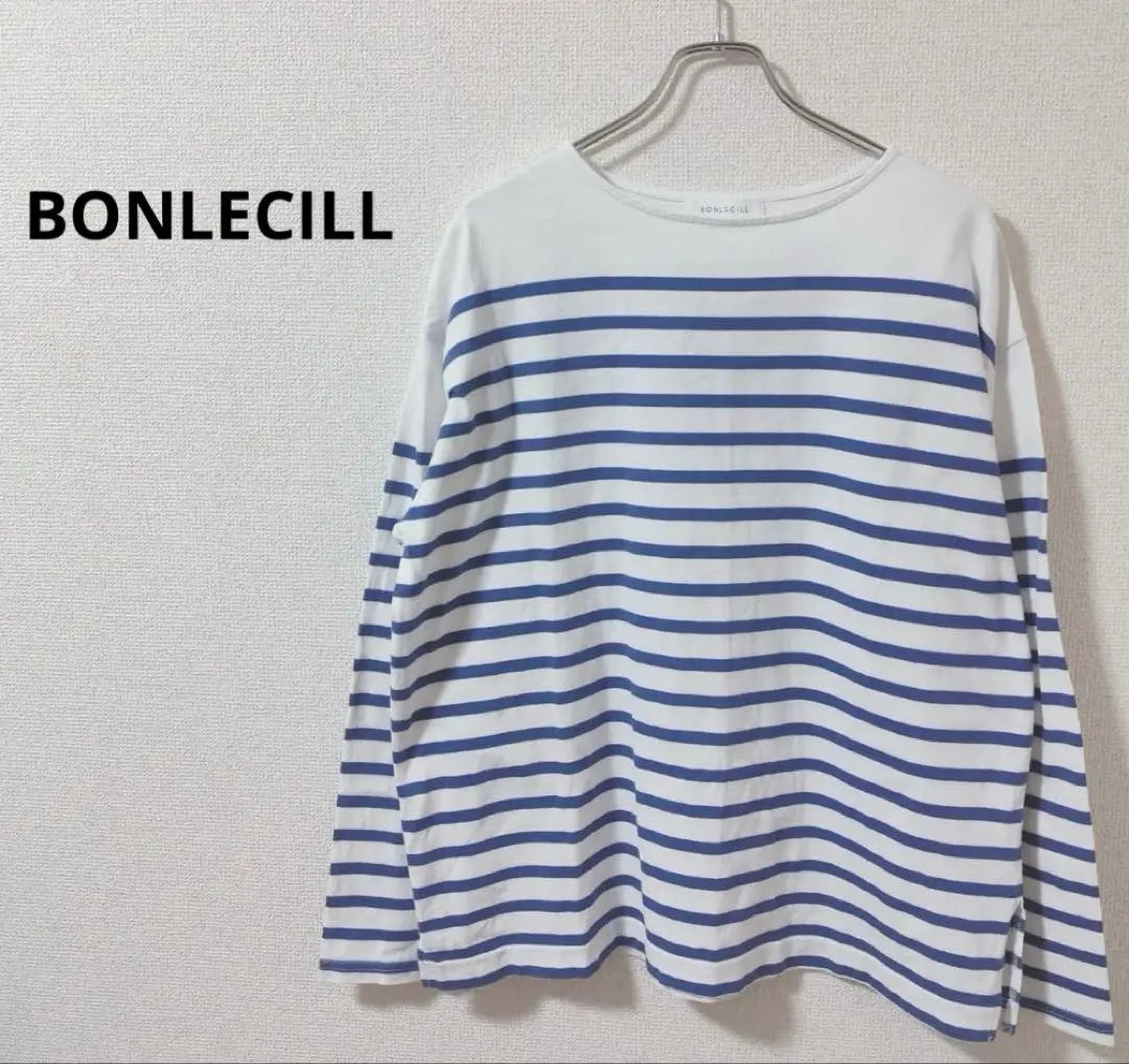 BONLECILL Long sleeve cut and sew long T-shirt, blue and white border, refreshing, spring 2953