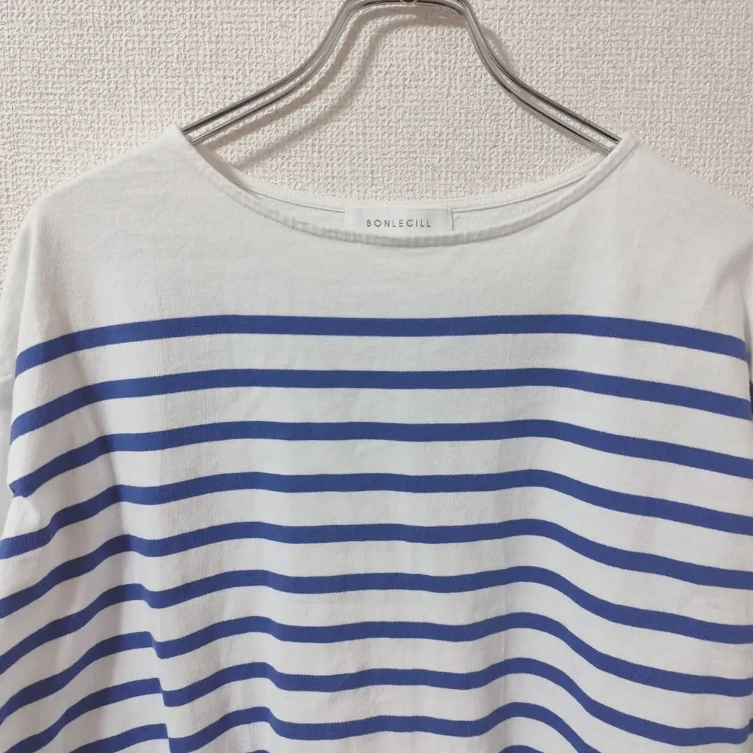 BONLECILL Long sleeve cut and sew long T-shirt, blue and white border, refreshing, spring 2953