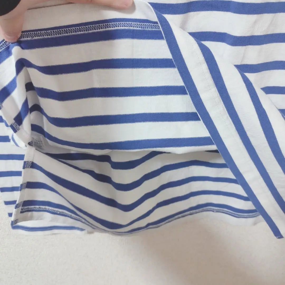 BONLECILL Long sleeve cut and sew long T-shirt, blue and white border, refreshing, spring 2953