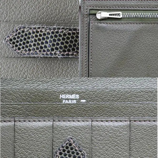 [Good condition] Hermes Bean Souffle Long Wallet Lizard Silver Genuine Product