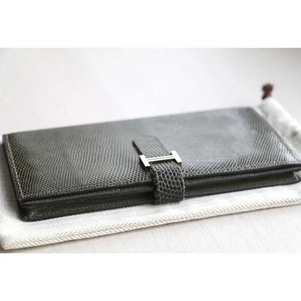 [Good condition] Hermes Bean Souffle Long Wallet Lizard Silver Genuine Product