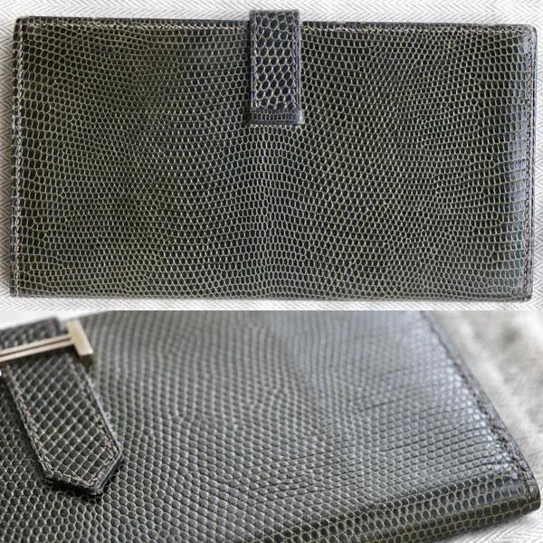 [Good condition] Hermes Bean Souffle Long Wallet Lizard Silver Genuine Product