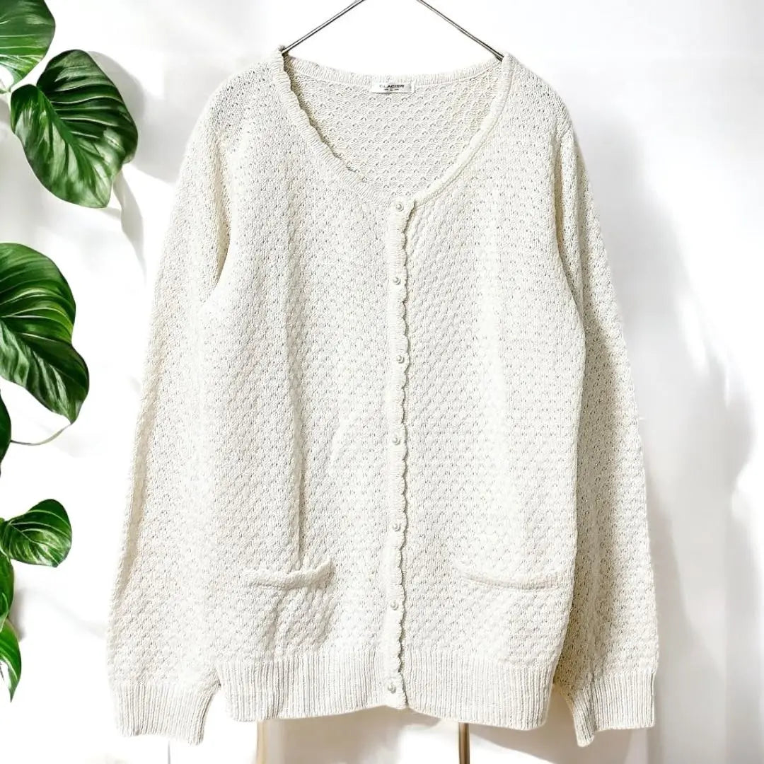 Gracia glitter pearl button cardigan L long sleeve openwork wool blend white