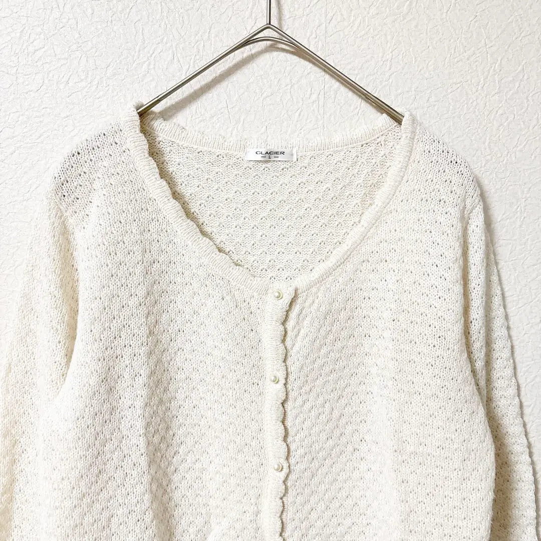 Gracia glitter pearl button cardigan L long sleeve openwork wool blend white