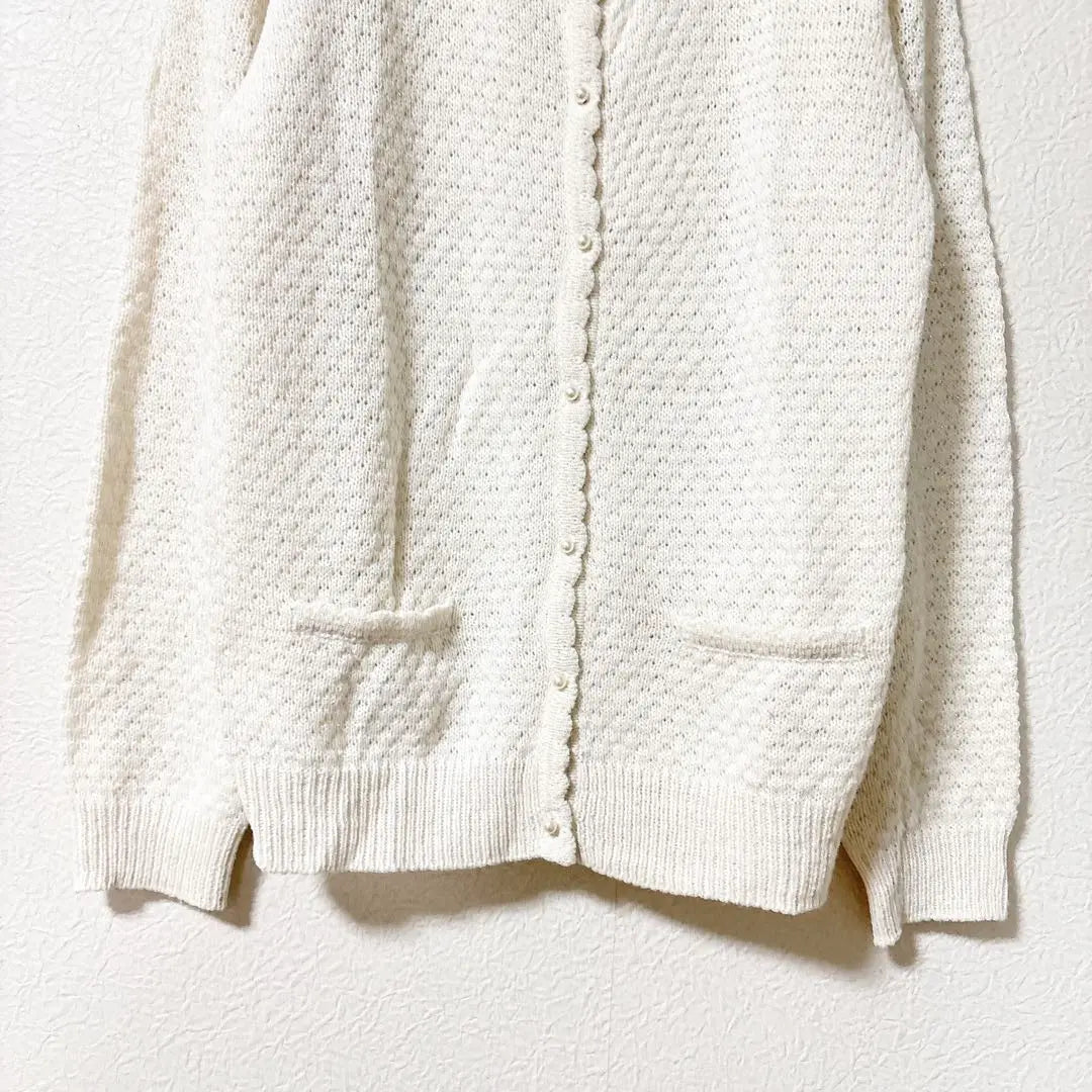 Gracia glitter pearl button cardigan L long sleeve openwork wool blend white