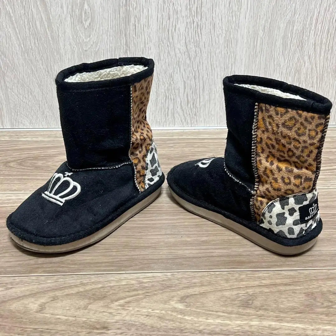 [Baby Doll] Botas Mouton para niños con estampado de leopardo negro 16,0 cm | 【MUÑECA BEBÉ】キッズ ムートンブーツ ブラック 豹柄 16.0cm