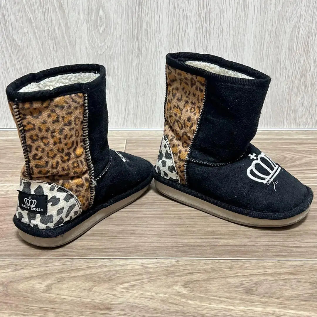 [Baby Doll] Botas Mouton para niños con estampado de leopardo negro 16,0 cm | 【MUÑECA BEBÉ】キッズ ムートンブーツ ブラック 豹柄 16.0cm