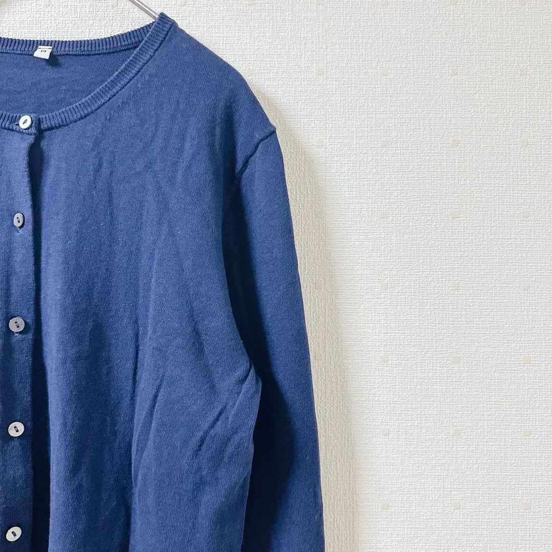 [MUJI] Crew neck cardigan, long sleeves, silk blend, high-quality, navy, M