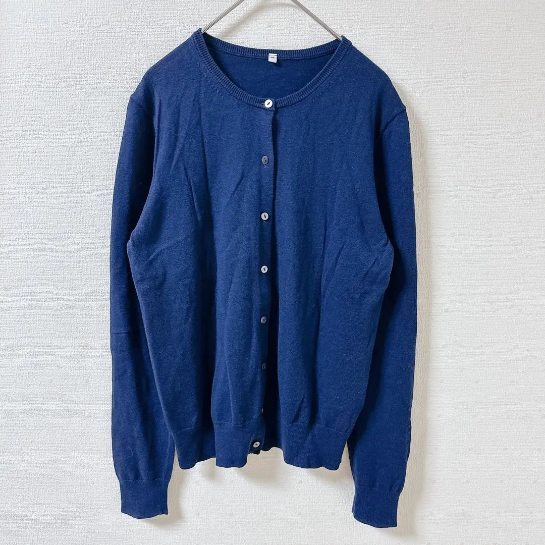 [MUJI] Crew neck cardigan, long sleeves, silk blend, high-quality, navy, M