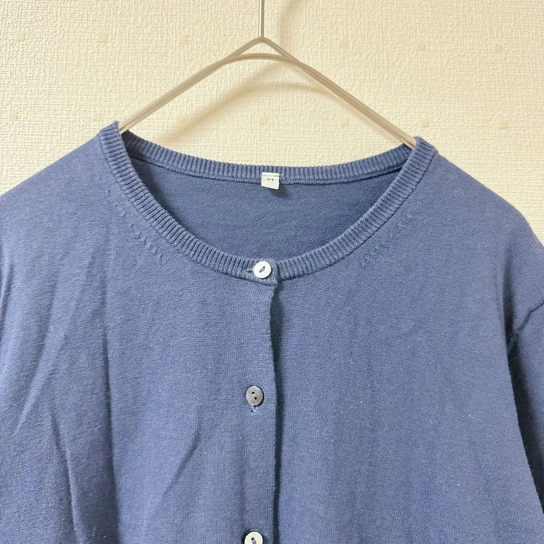 [MUJI] Crew neck cardigan, long sleeves, silk blend, high-quality, navy, M