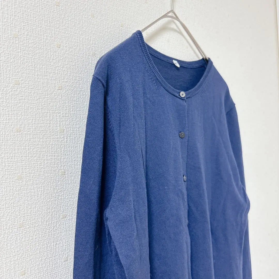 [MUJI] Crew neck cardigan, long sleeves, silk blend, high-quality, navy, M