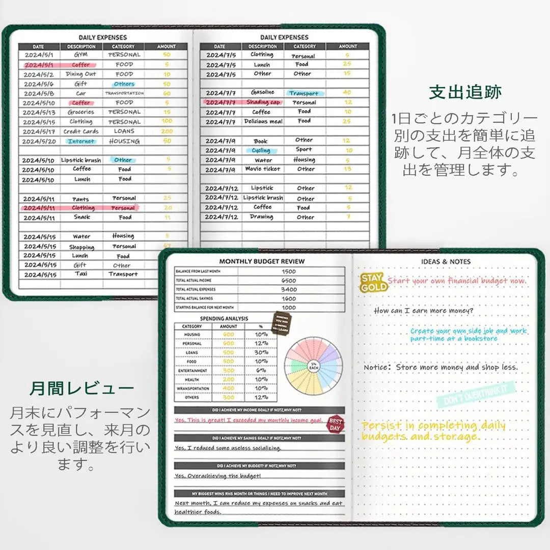 Household account book, money accounting book, 136 pages, with lock, no date, green, with sticker