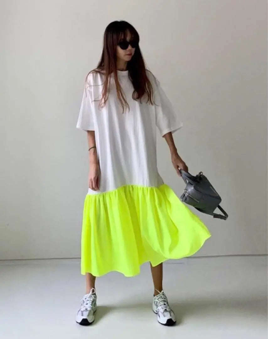 [Restocked] Fluorescent yellow x bicolor switching long dress spring/summer Korea stylish