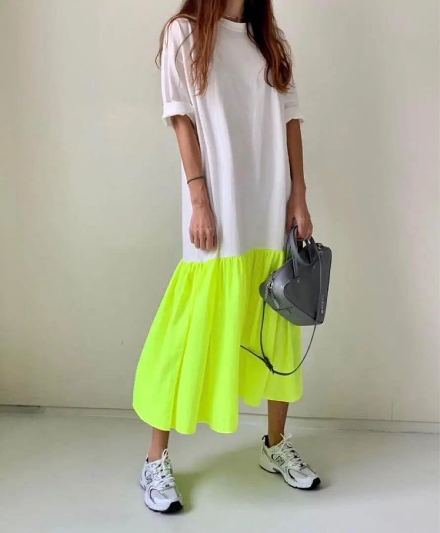 [Reabastecido] Vestido largo con cambio de color bicolor y amarillo fluorescente primavera/verano estilo coreano