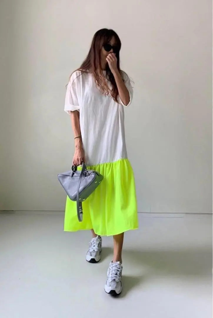 [Restocked] Fluorescent yellow x bicolor switching long dress spring/summer Korea stylish