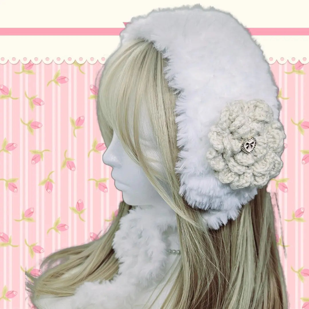 Handmade head dress, fur, white, beige, rose, knitting, hand knitting | ハンドメイド　ヘッドドレス　ファー　ホワイト　ベージュ　バラ　編み物　手編み