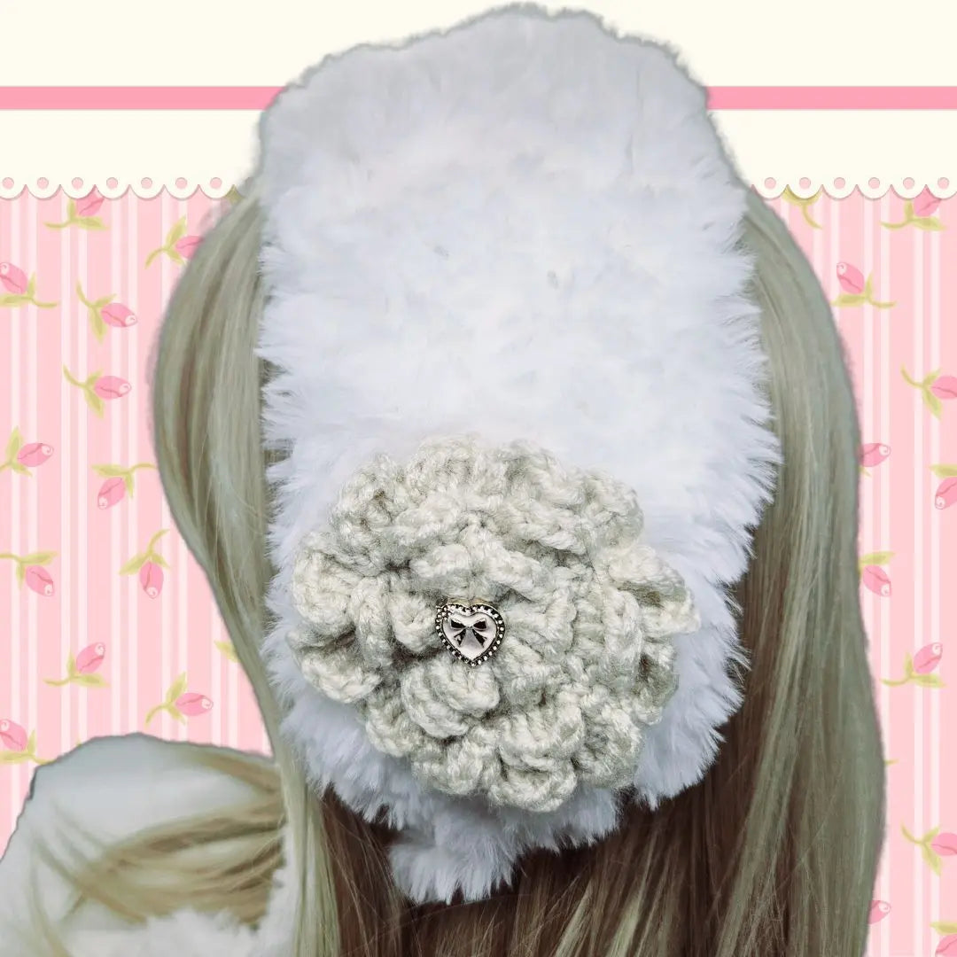 Handmade head dress, fur, white, beige, rose, knitting, hand knitting | ハンドメイド　ヘッドドレス　ファー　ホワイト　ベージュ　バラ　編み物　手編み