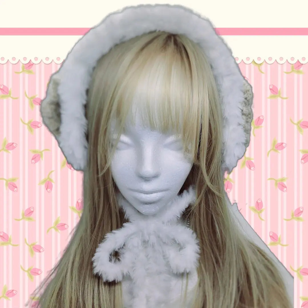 Handmade head dress, fur, white, beige, rose, knitting, hand knitting | ハンドメイド　ヘッドドレス　ファー　ホワイト　ベージュ　バラ　編み物　手編み