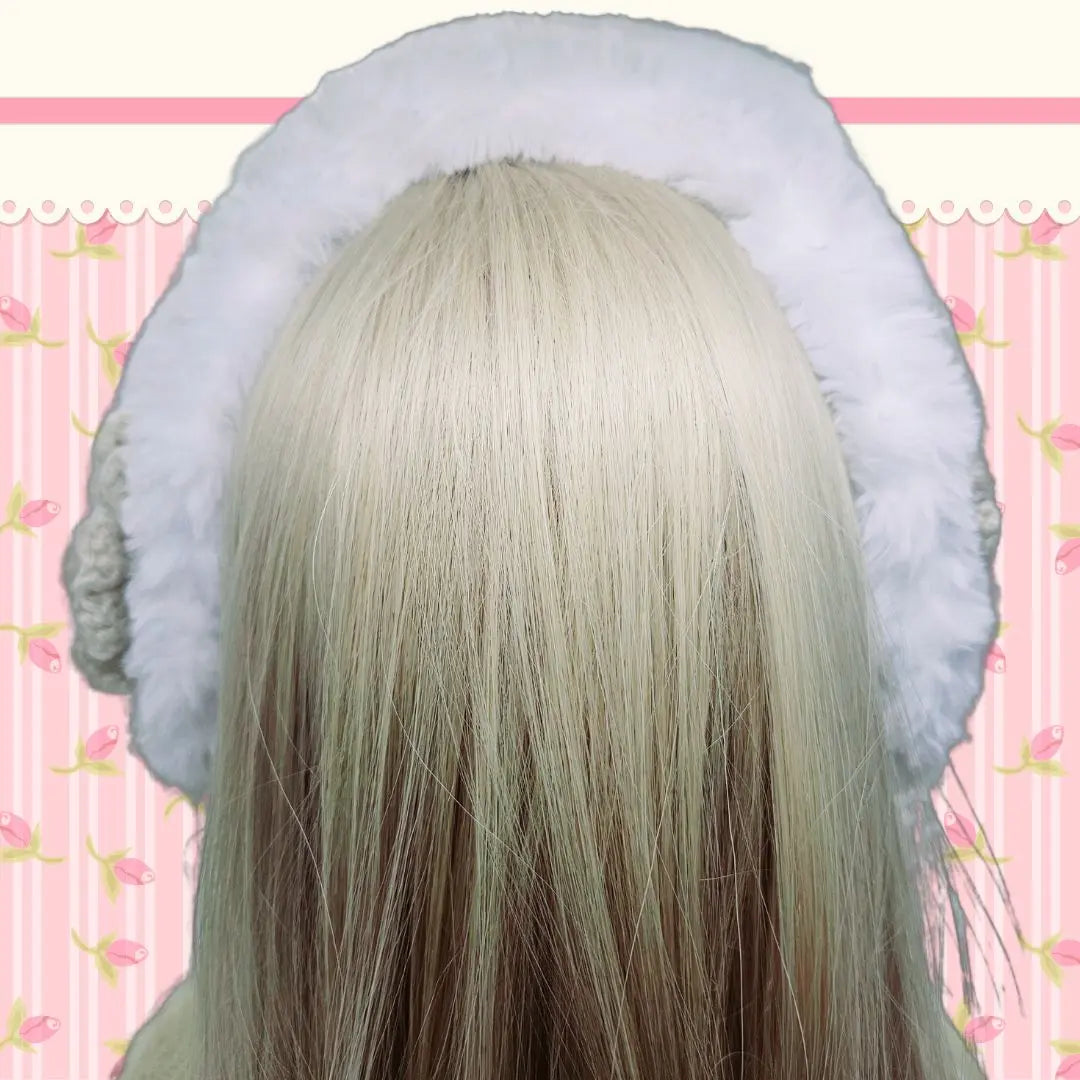 Handmade head dress, fur, white, beige, rose, knitting, hand knitting | ハンドメイド　ヘッドドレス　ファー　ホワイト　ベージュ　バラ　編み物　手編み