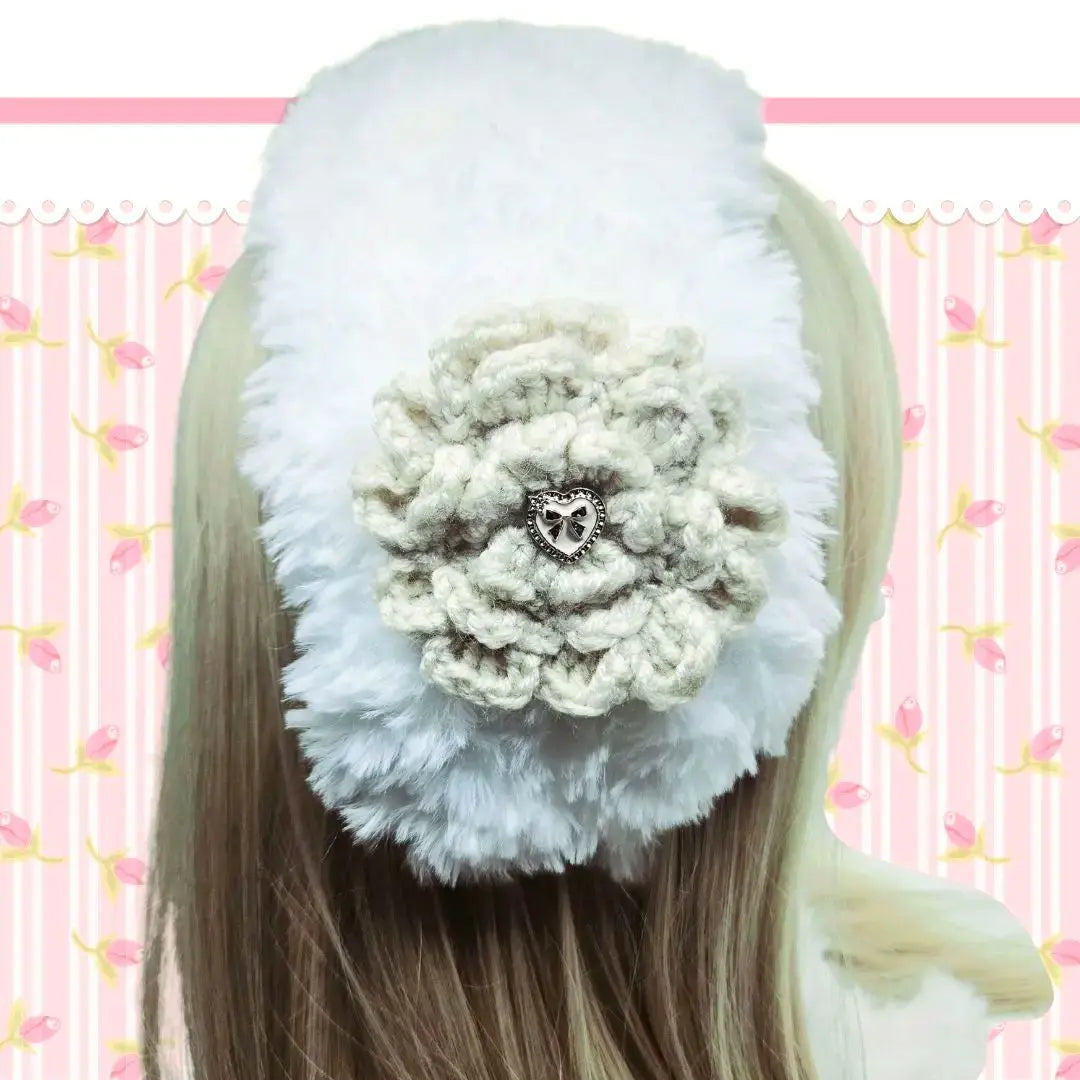 Handmade head dress, fur, white, beige, rose, knitting, hand knitting | ハンドメイド　ヘッドドレス　ファー　ホワイト　ベージュ　バラ　編み物　手編み