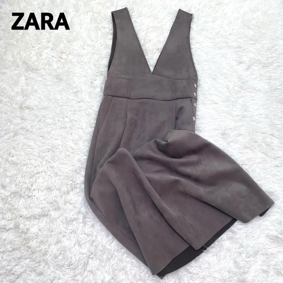 [Zara] Vestido peto estilo antelina gris escote pico sin mangas (S)