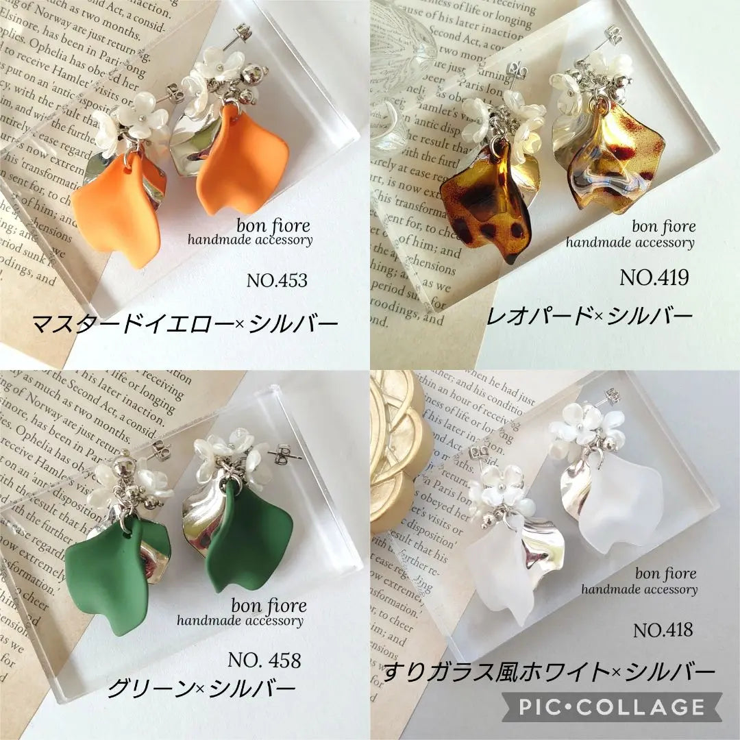 NO.458 Handmade Earrings Flowers Petals Large Green Silver Earrings