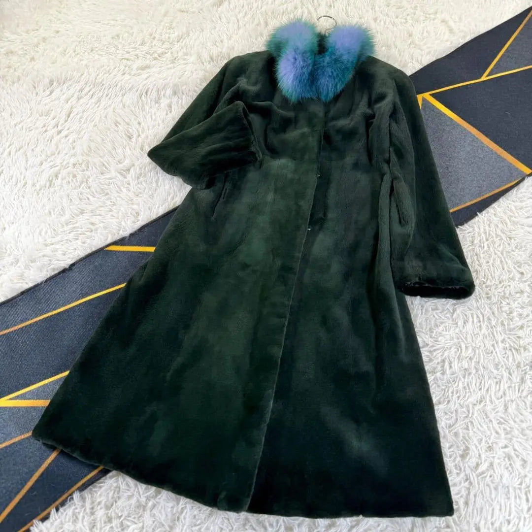 Royal Saga Mink Fox Collar Dyed Mink Fur Coat Long Length Green