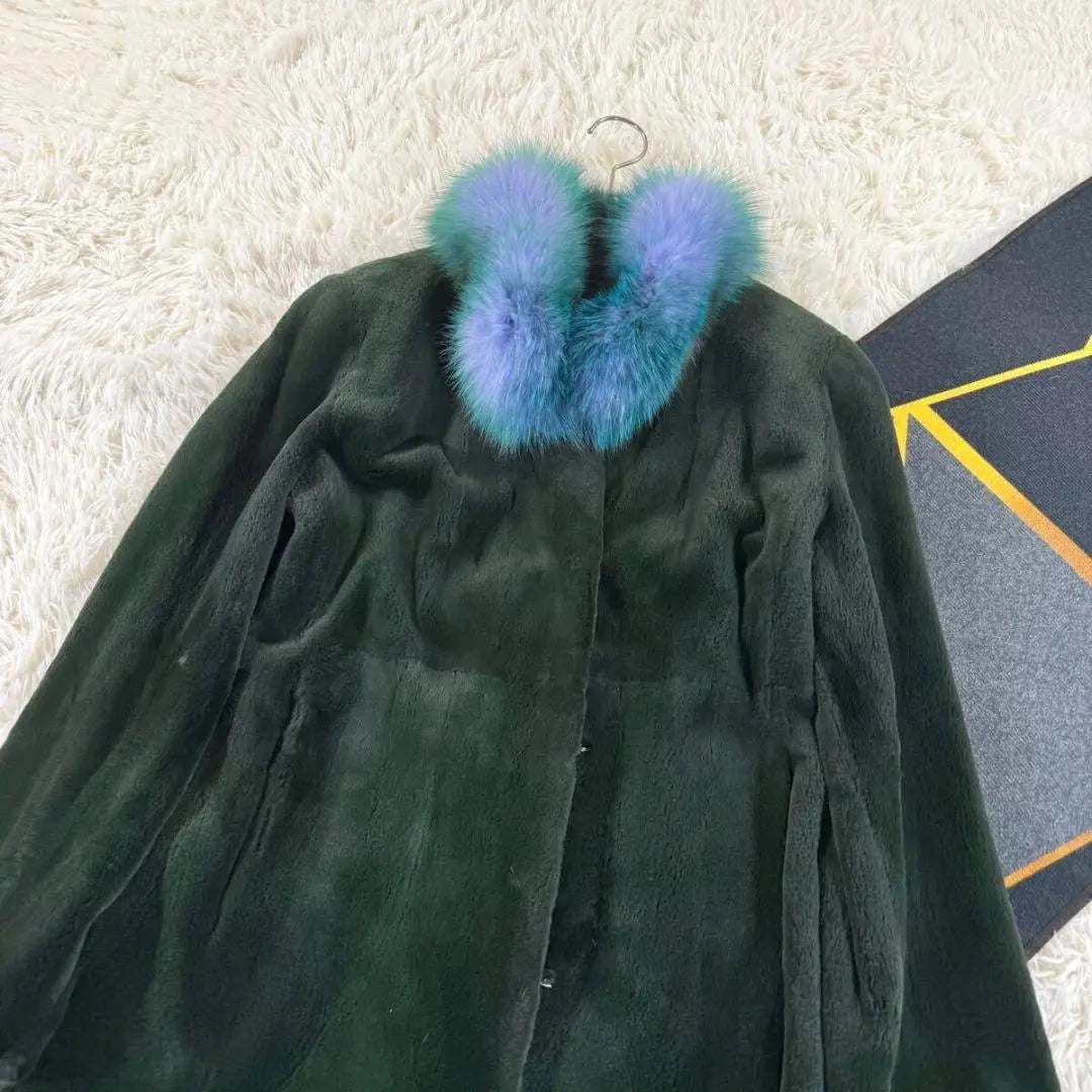 Royal Saga Mink Fox Collar Dyed Mink Fur Coat Long Length Green