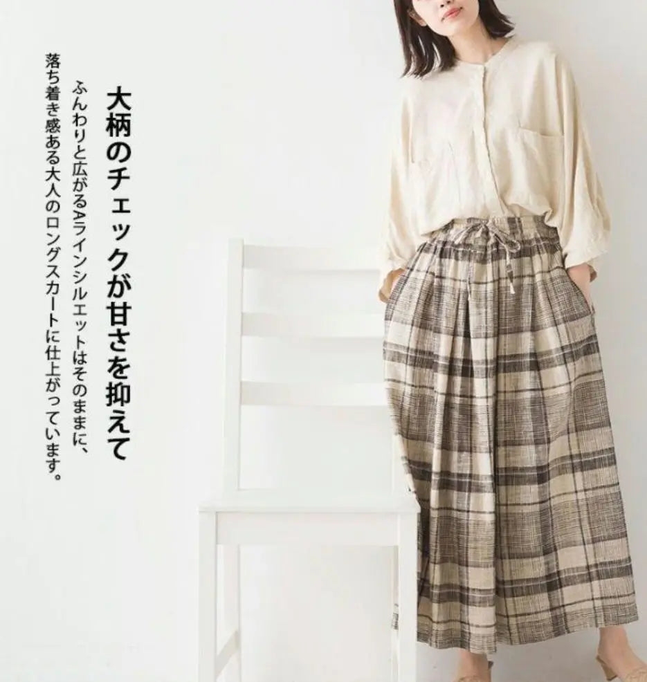 Only a few left OMNES Natural Gray Check Skirt M-LL New