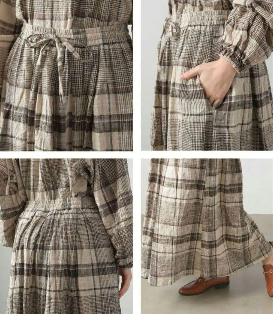 Only a few left OMNES Natural Gray Check Skirt M-LL New