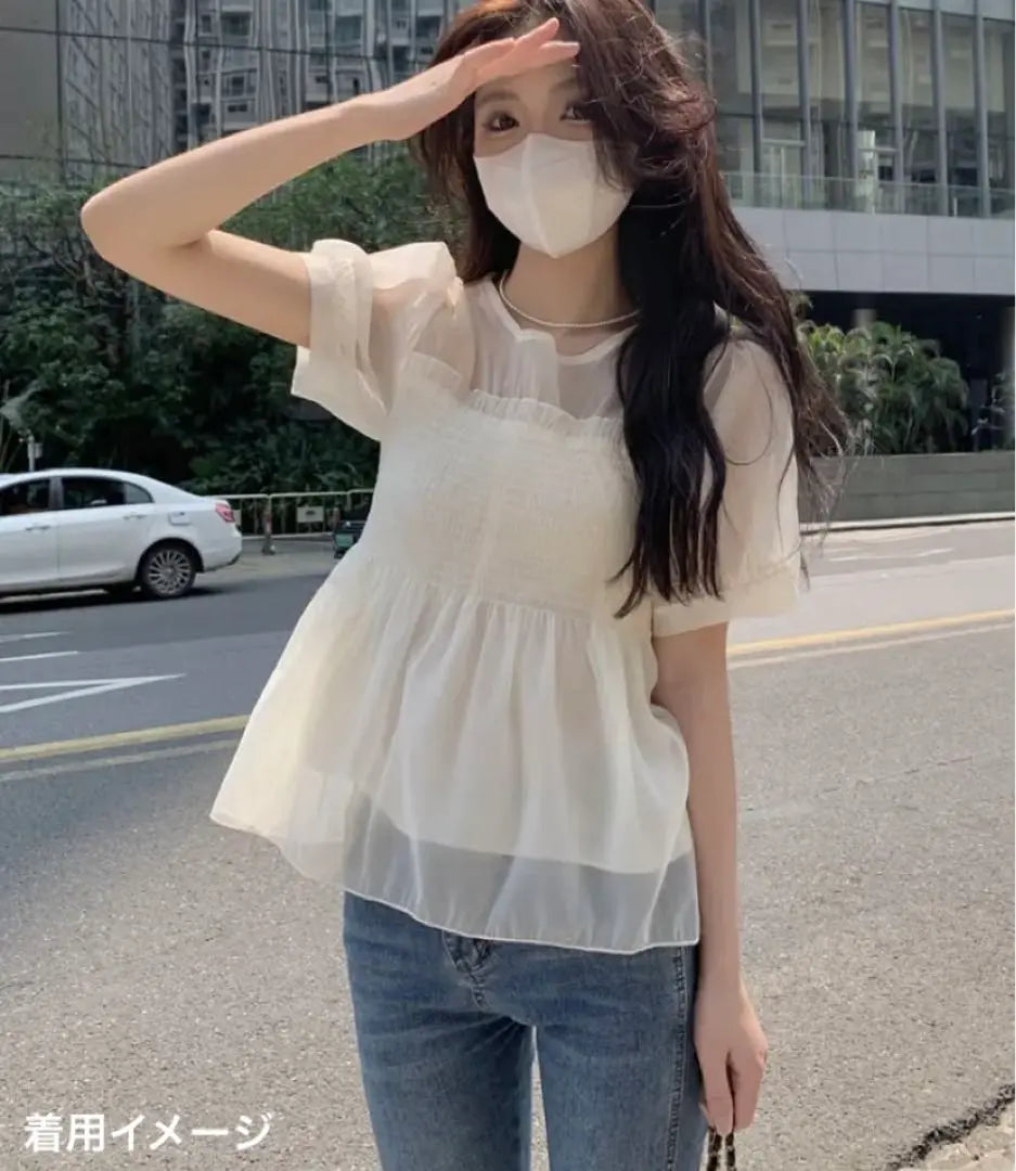 [★Upper arm cover★] Organza White Tops Summer Blouse Body Coverage Stretch