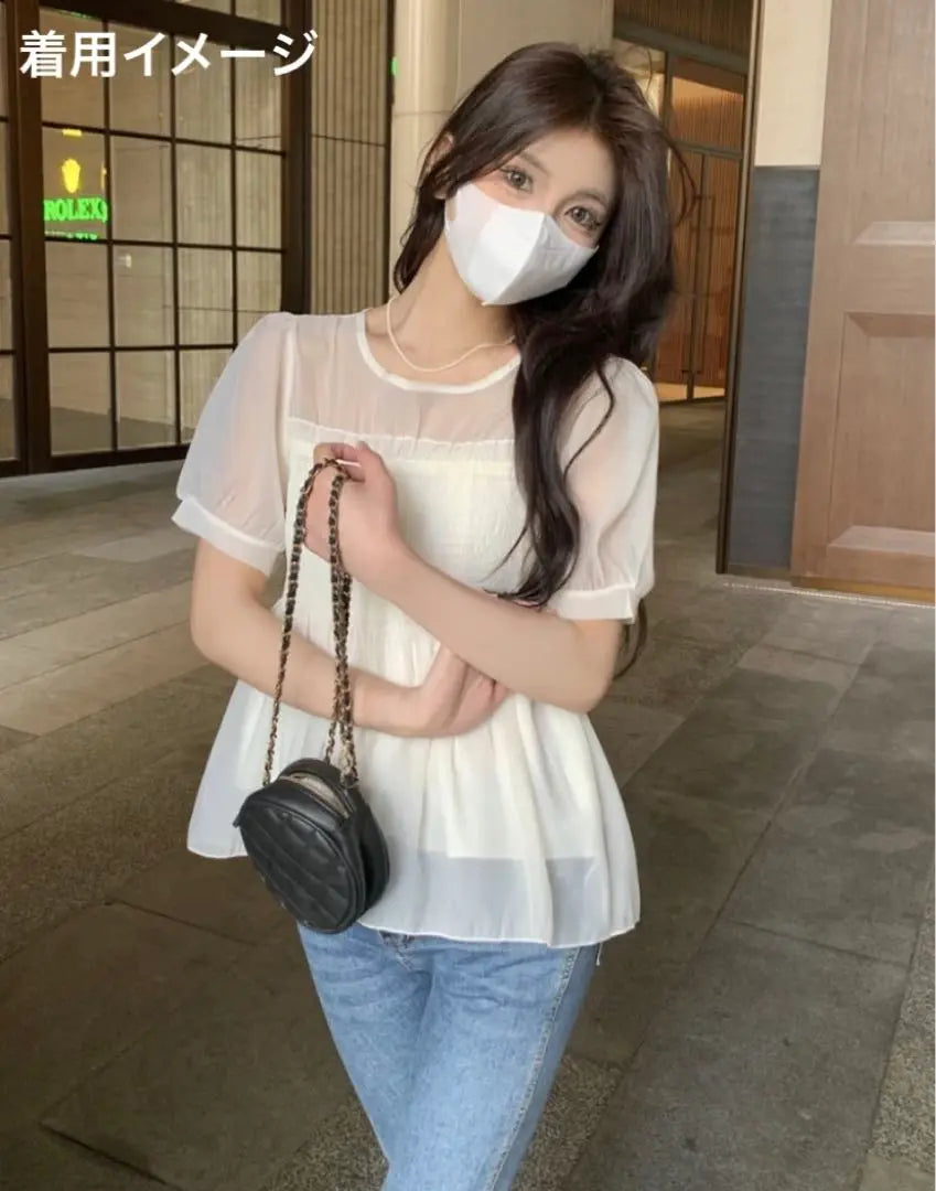 [★Upper arm cover★] Organza White Tops Summer Blouse Body Coverage Stretch