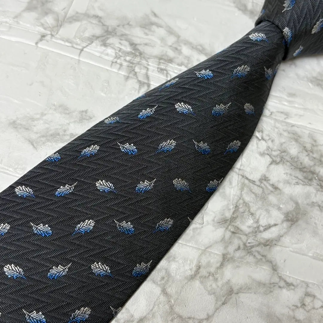 HERMES Hermes Tie Feather Embroidery Blue