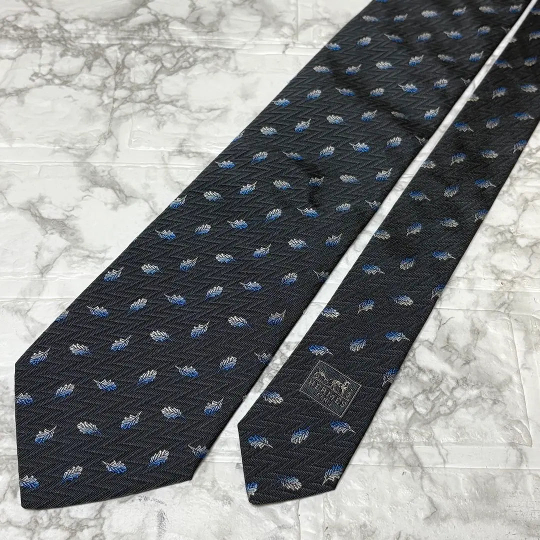 HERMES Hermes Tie Feather Embroidery Blue