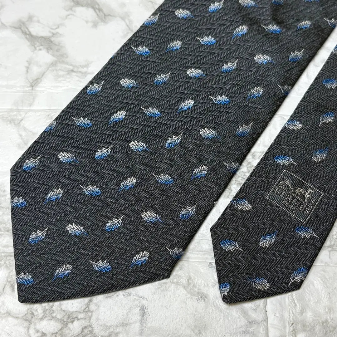 HERMES Hermes Tie Feather Embroidery Blue