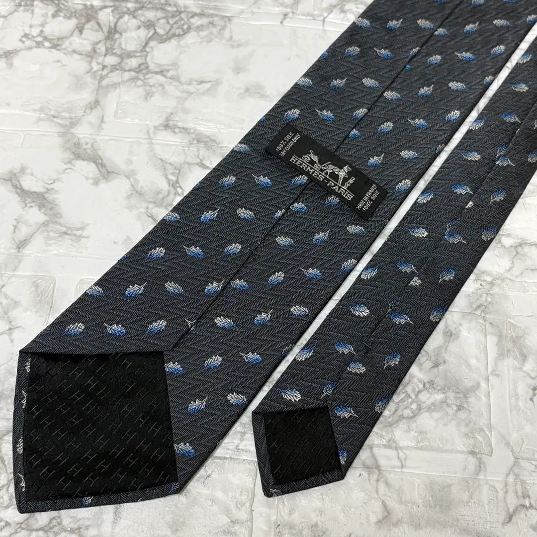 HERMES Hermes Tie Feather Embroidery Blue