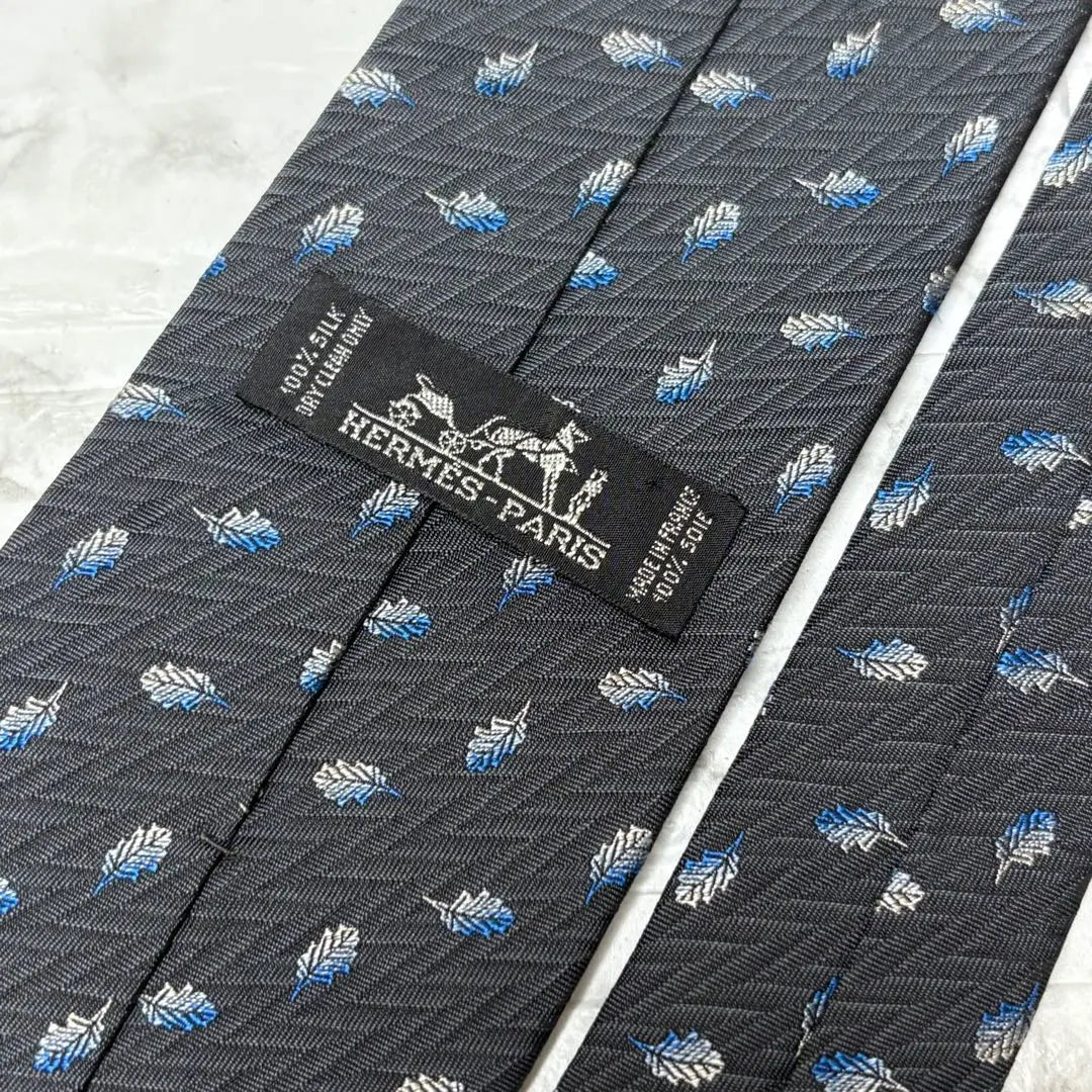 HERMES Hermes Tie Feather Embroidery Blue