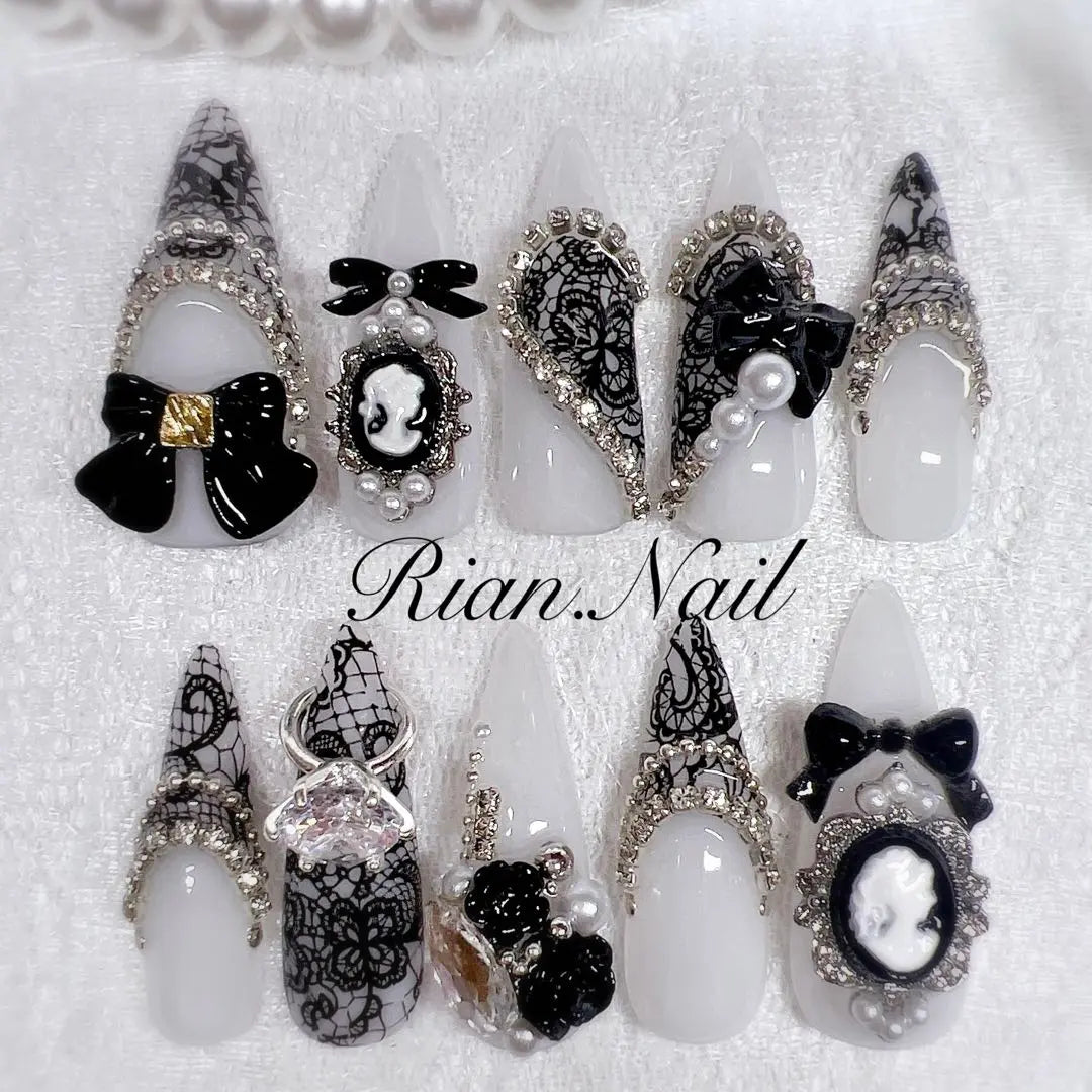 [No.028] Nail tips ♡ Lace French ♡ Gothic lolita ♡ Landmine subculture ♡ Black nails ♡