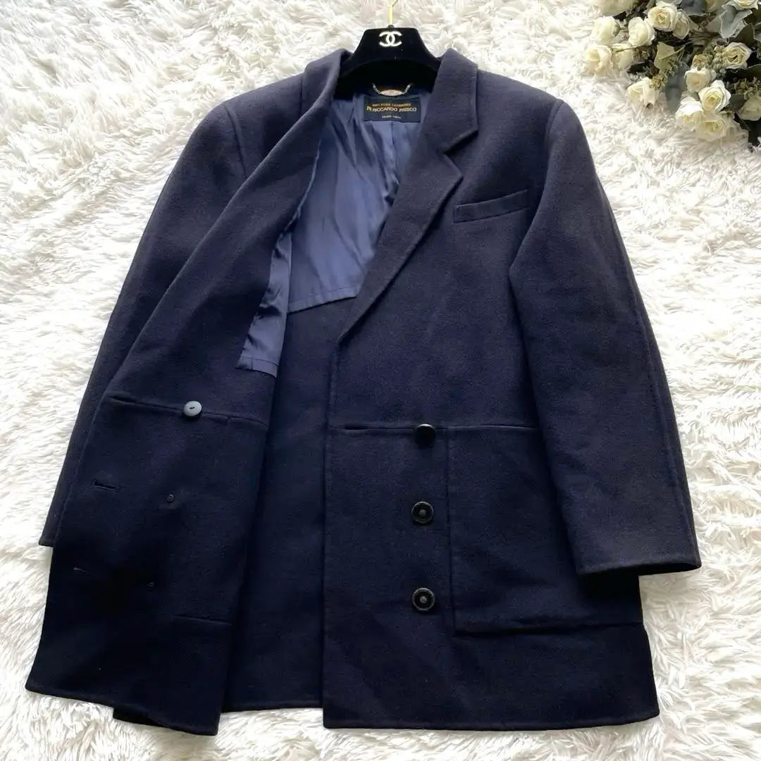 [100% pure cashmere] French coat high-quality double size 40 gold button dark navy blue