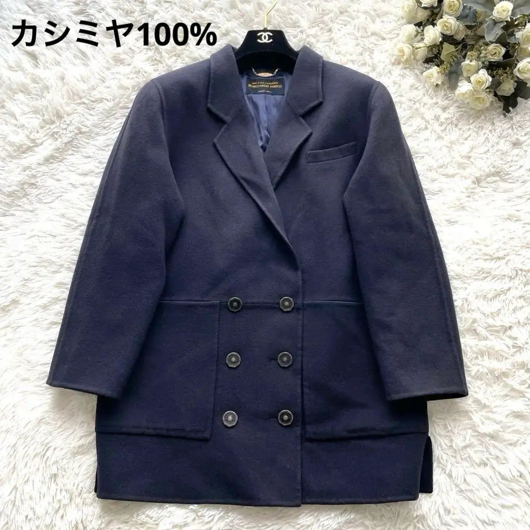 [100% pure cashmere] French coat high-quality double size 40 gold button dark navy blue