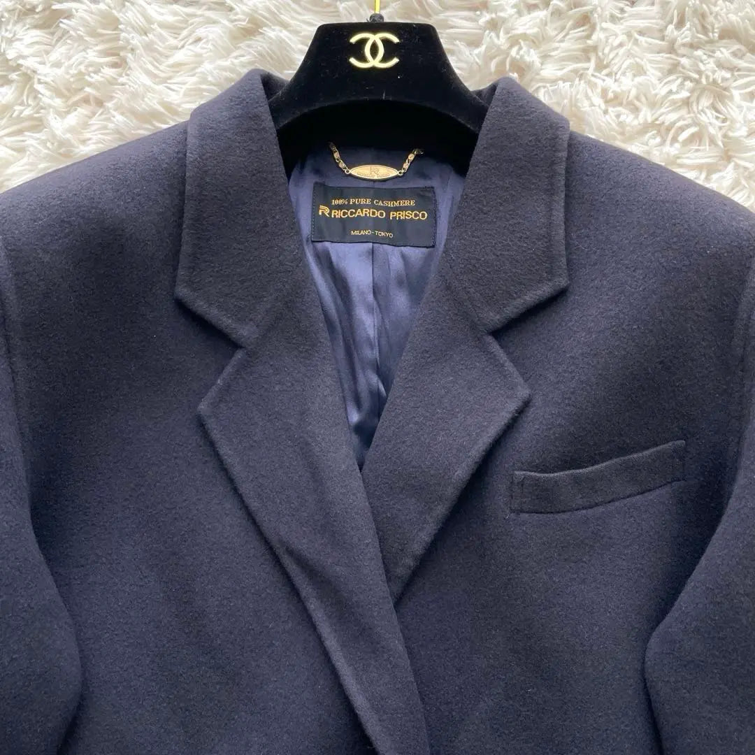 [100% pure cashmere] French coat high-quality double size 40 gold button dark navy blue