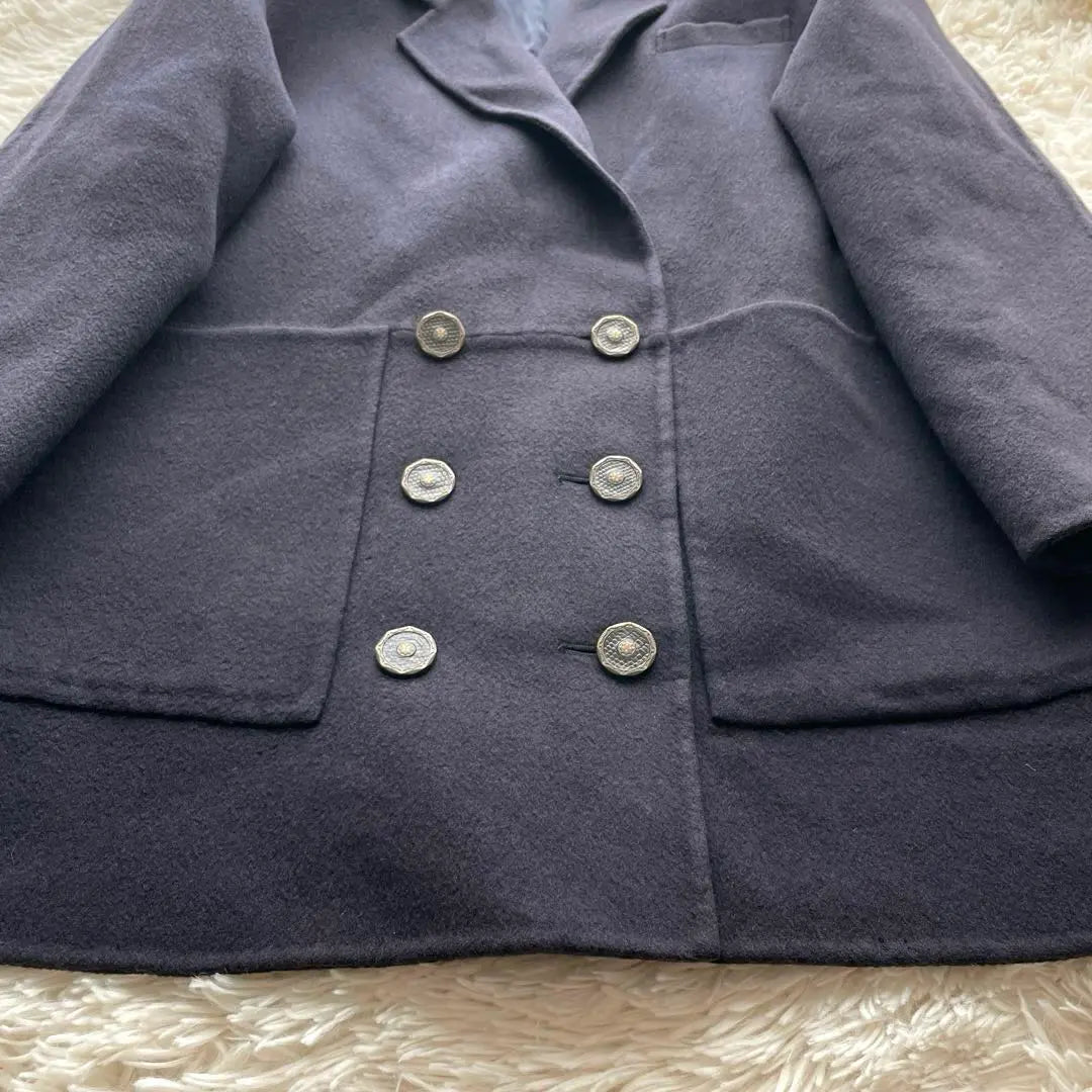 [100% pure cashmere] French coat high-quality double size 40 gold button dark navy blue